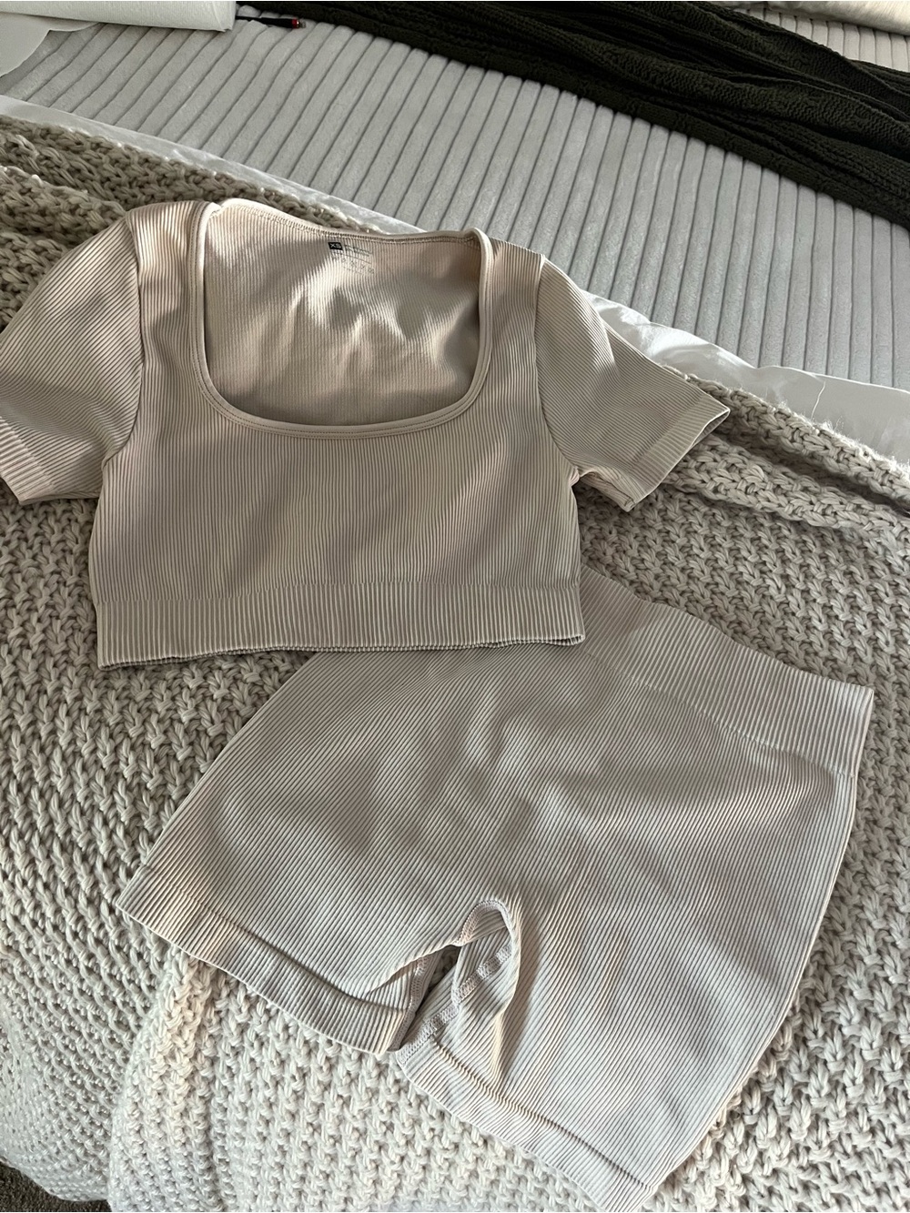 Two Piece Coord Bike Shorts Crop Top Set Ribbed XS Nude Beige